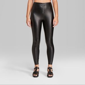 Black Faux Leather Pants with O-ring Zipper